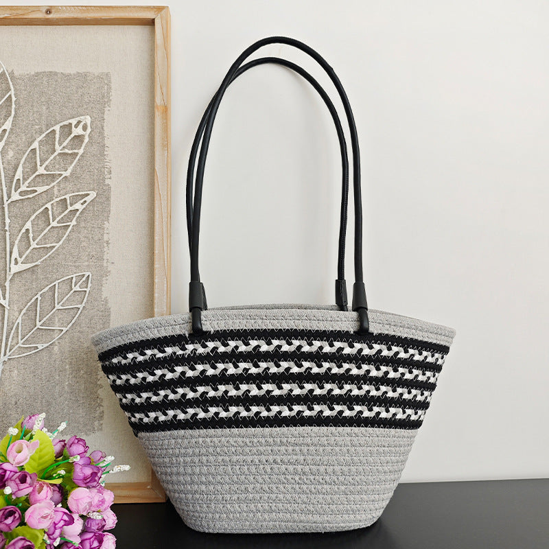 Braided Cotton Rope Color Block Striped Beach Tote