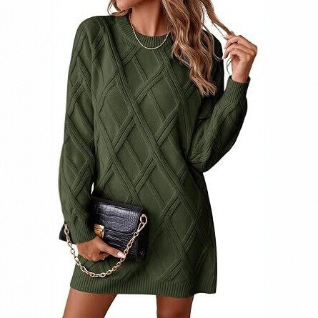 2026 European and American-Style Diamond-Pattern Knit Dress for Women—New Fall/Winter Collection: Loose-Fitting Long-Sleeve Sweater Dress, Fashionable Short Dress