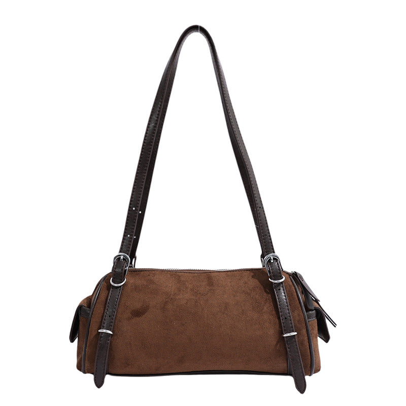 Chic Suede Baguette Shoulder Bag with Double Zipper