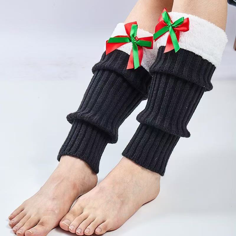 Christmas Faux Fur Cuffs and Bows Knit Leg Warmers