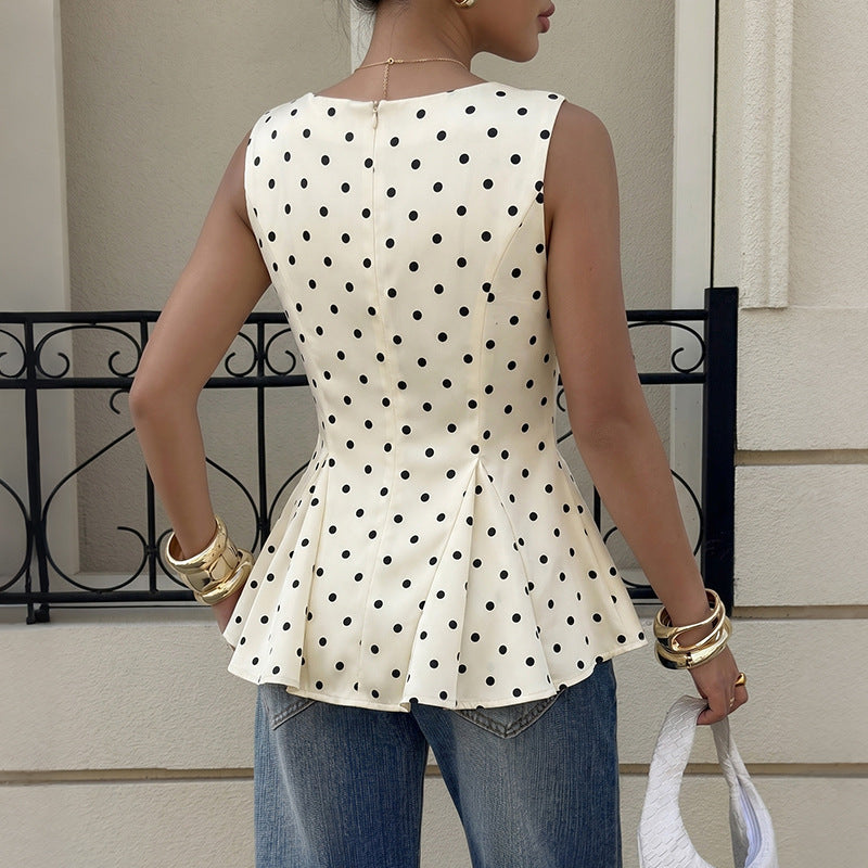 Women 2026 New Polka Dot Waist Cinch Ruffle Hem Sleeveless Blouse Top