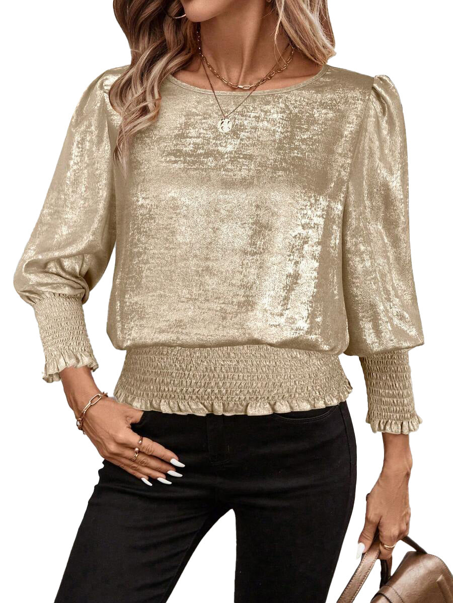 Round Neck Hot Stamping Hem Elastic Mid-Sleeve Top