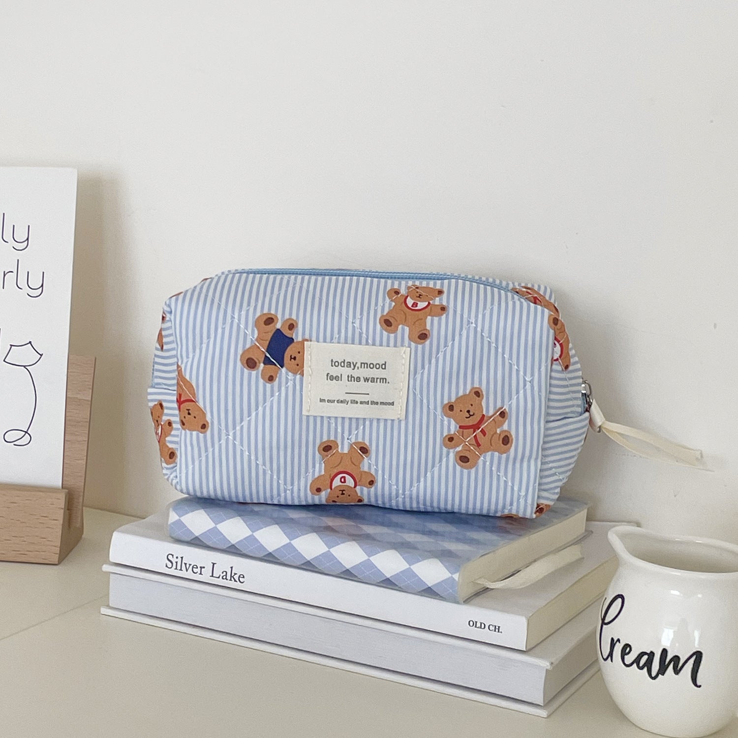 Striped Bear Large Capacity Quilted Cosmetic Bag