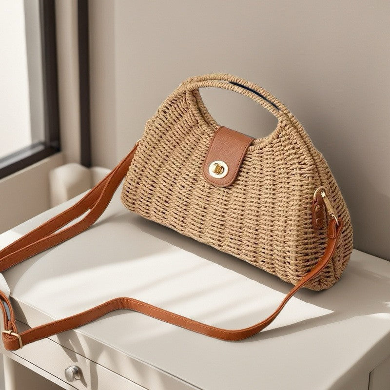 French One-Shoulder Paper Rope Woven Dumpling Bag