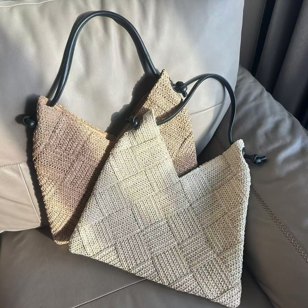 Women Casual Hollow Cotton Woven Shoulder Bag, Portable Straw Beach Vacation Bag