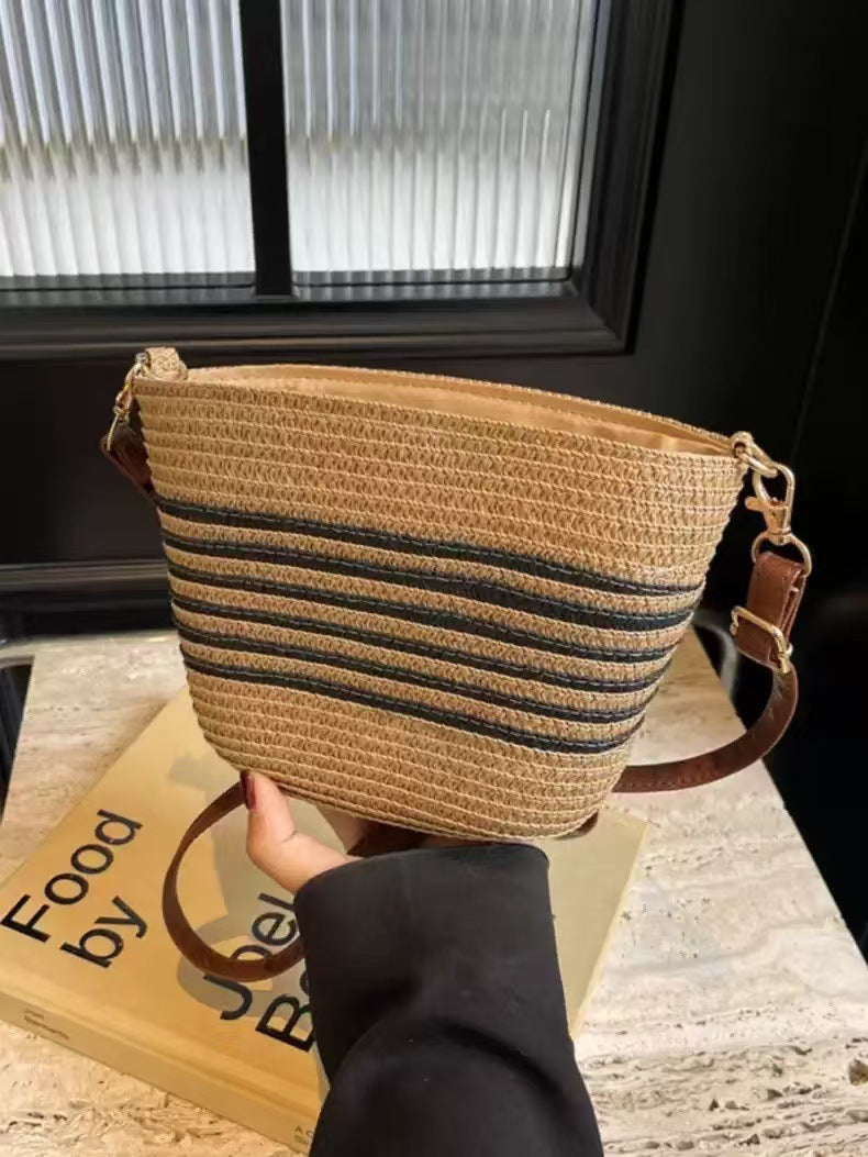 Women Striped Straw New Fresh Minimalist Woven Vacation Beach Bag