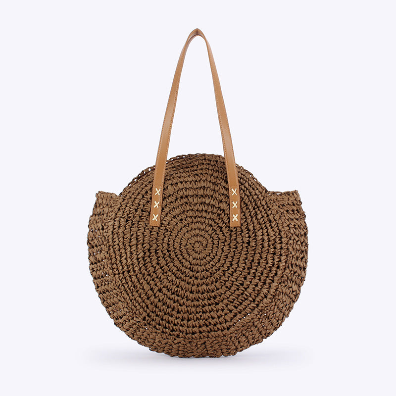 Women Simple Round Paper Rope Woven Shoulder Fashion Seaside Beach Vacation Bag