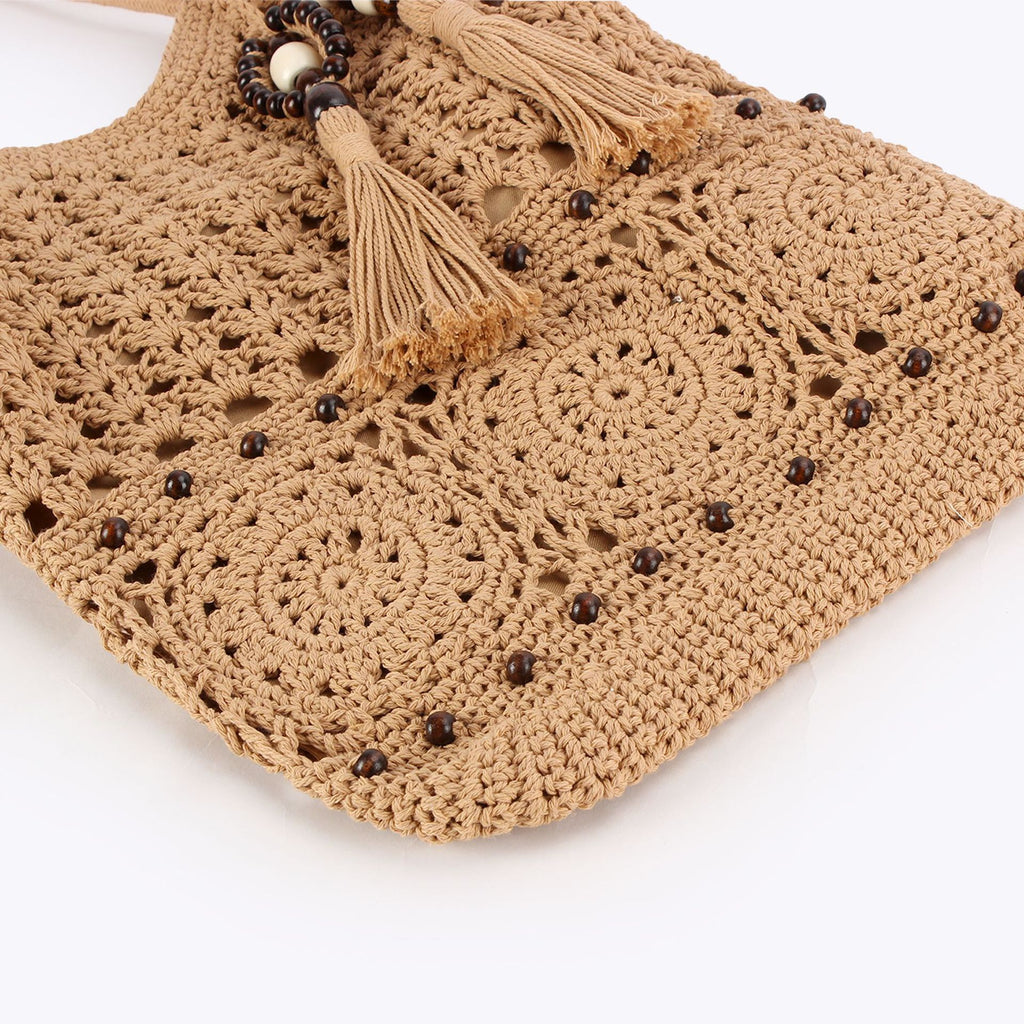 Boho Hand Crocheted Cotton Shoulder Tote with Beaded Tassel