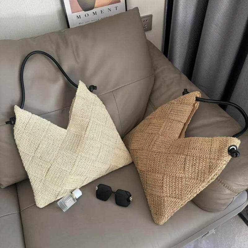 Women Casual Hollow Cotton Woven Shoulder Bag, Portable Straw Beach Vacation Bag