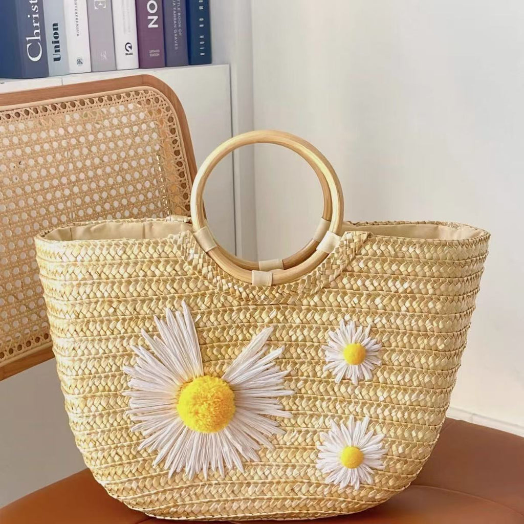 Small Daisy Straw Wooden Ring Woven Beach Bag