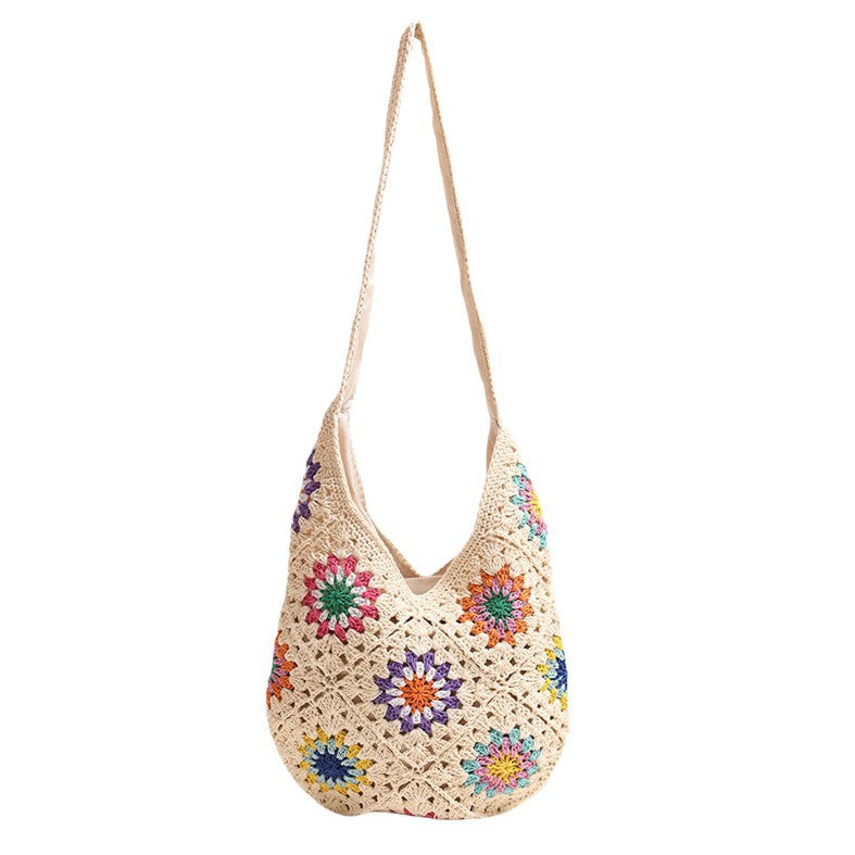 Women Fashion Crocheted Paper Shoulder Bag, Sunflower Hollow Cotton Woven Bag