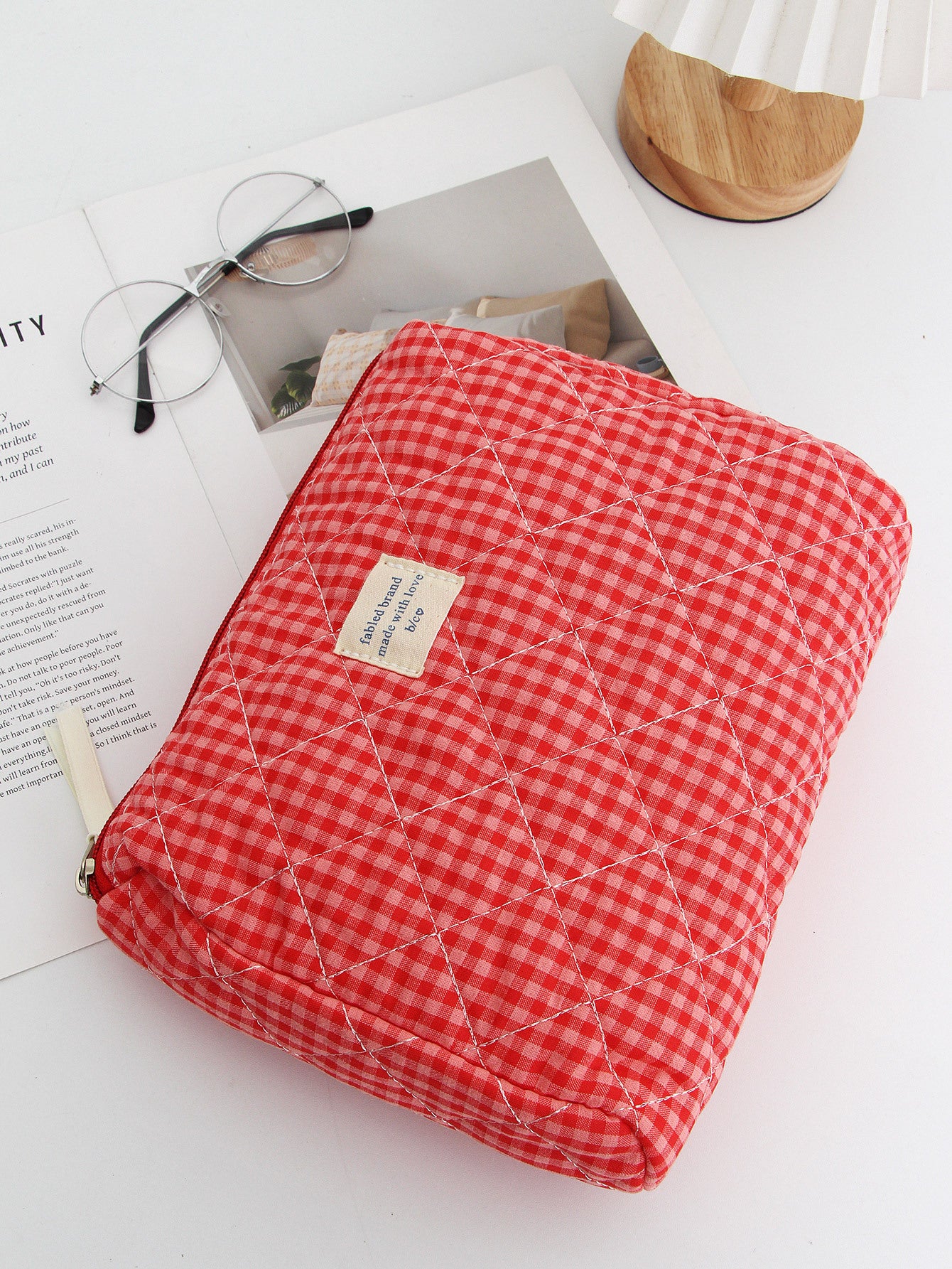 Red Plaid Quilted Large Capacity Cosmetic Bag