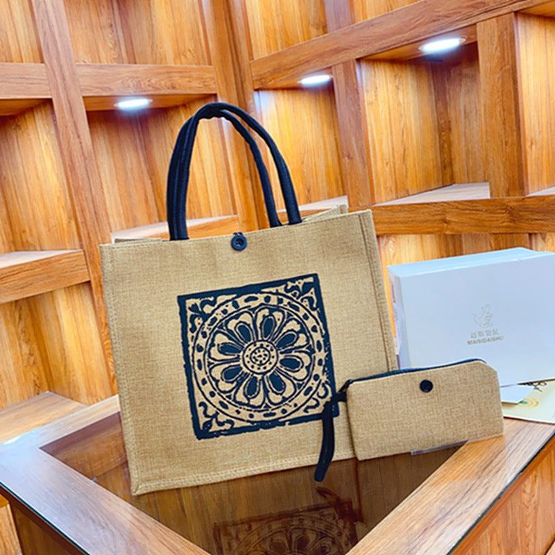 Women Large Capacity Linen Lunch Hand Bag
