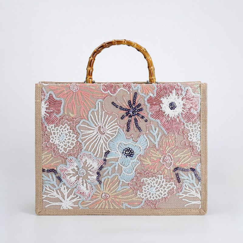 Women Bamboo Woven Straw Tote Bag, Sequin Large Capacity Handbag