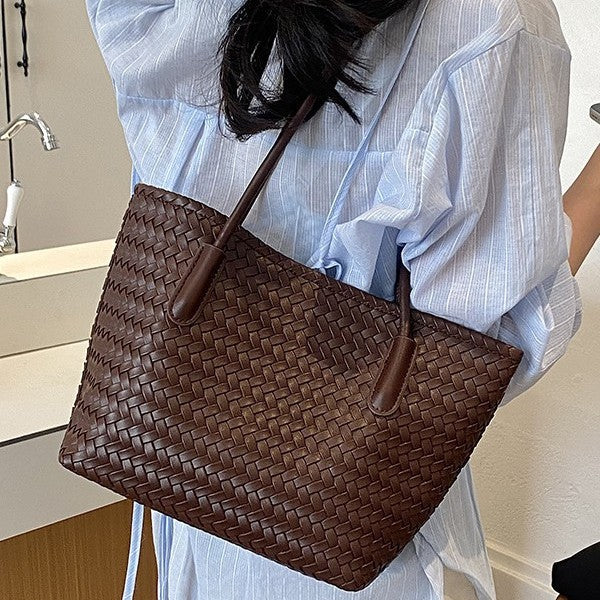 Classic Woven Tote Shoulder Bag with Double Shoulder Straps