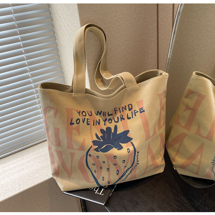 Women Strawberry Letter Canvas Shopping Shoulder Bag