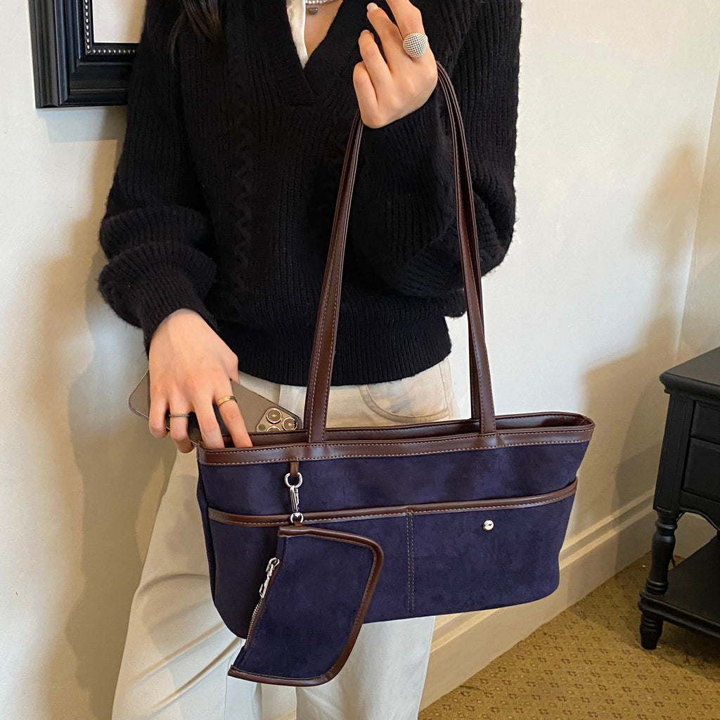 Soft Faux Suede Shoulder Tote Bag with Matching Pouch