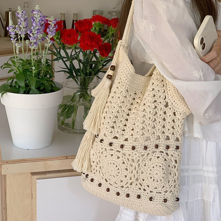 Wooden Beads Tassel Cotton Woven Hollow Straw Beach Bag