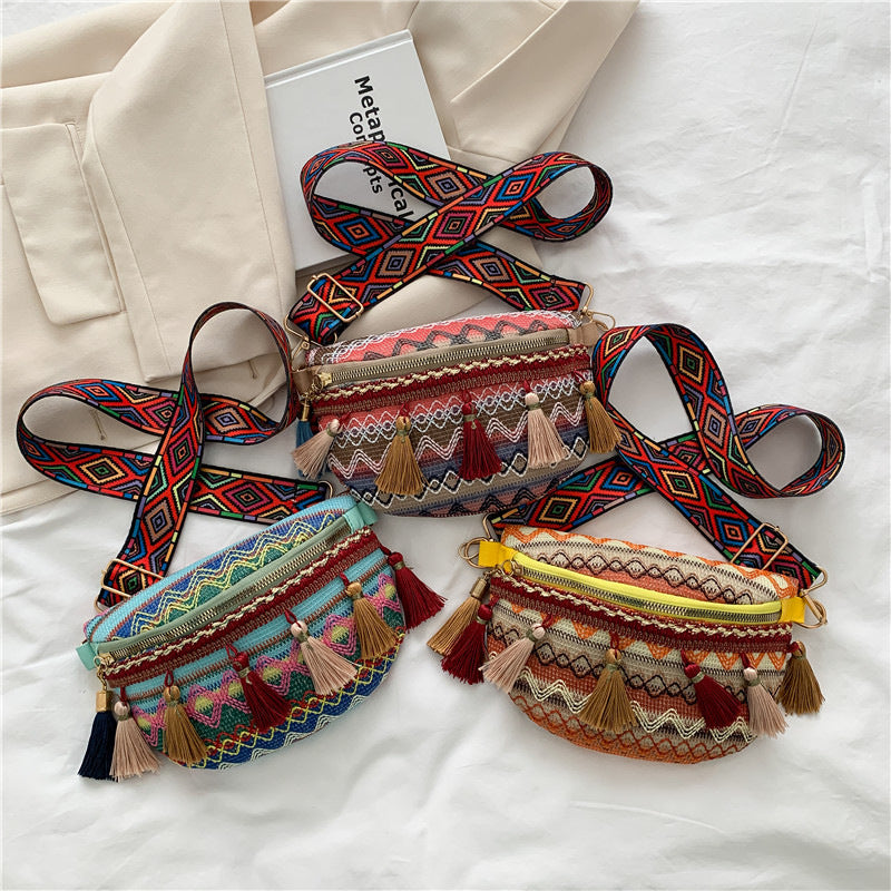 Women's Tassel Braided Small Crossbody Chest Bag