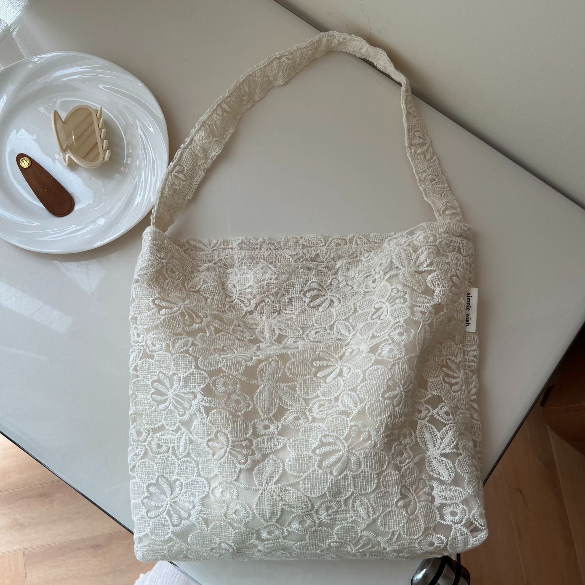 [Suxi Cloth Bag] French Lace Embroidered Gauze Cotton Bag Single Shoulder Underarm Women'S Canvas Bag Literary Simple Retro