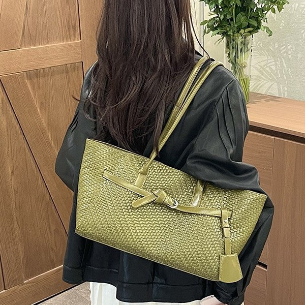 Textured Woven East-West Tote Bag with Belt Buckle Detail