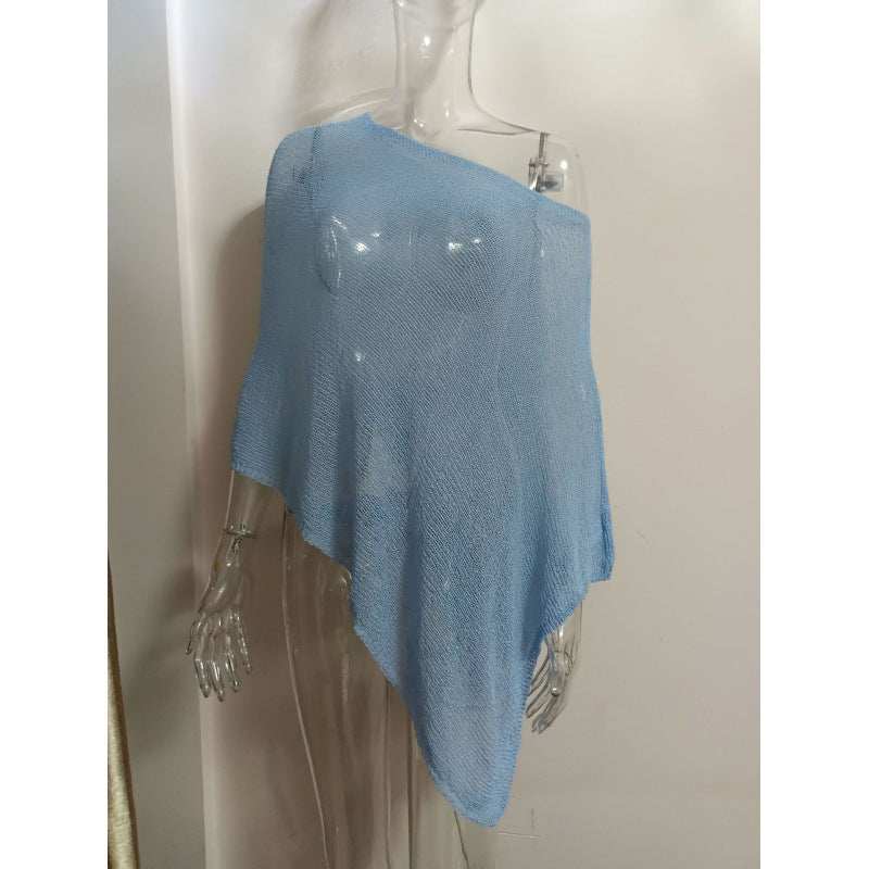 2025 Design Irregular Cape Shawl Sun Protection Shirt Women'S Season Loose Lazy Thin Ice Silk Knitted Sweater Top