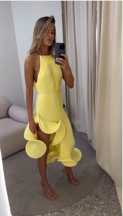 Irregular Ruffled Sexy Sleeveless Lace-Up Slim Dress