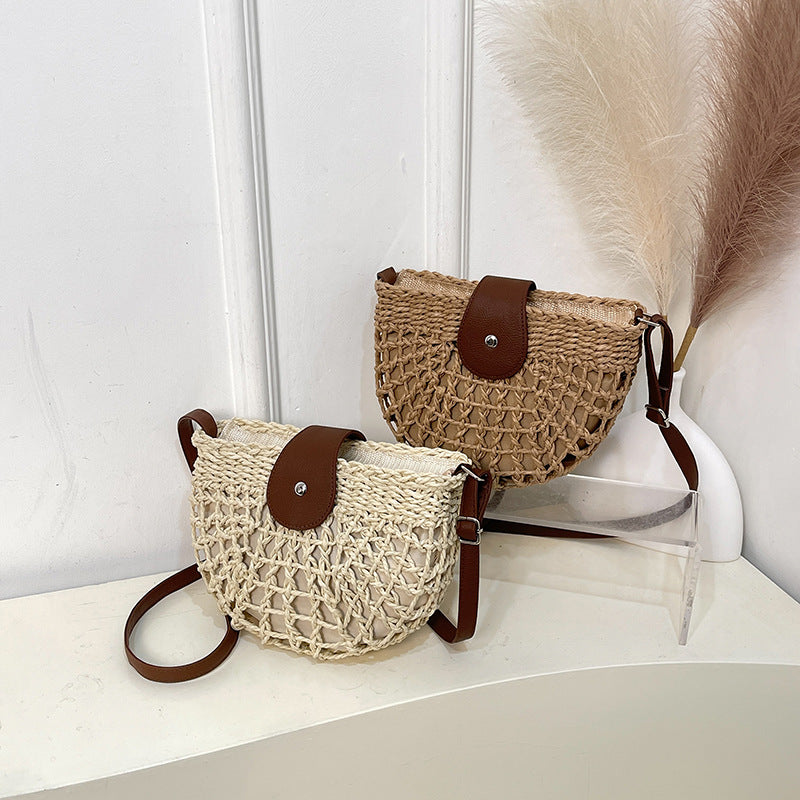 New Woven Half Round Hollow Straw Fresh Shoulder Crossbody Beach Bag