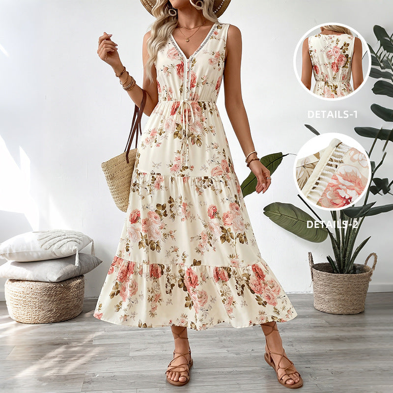 Women Summer Sleeveless Lace V Neck Floral Elegant Dress