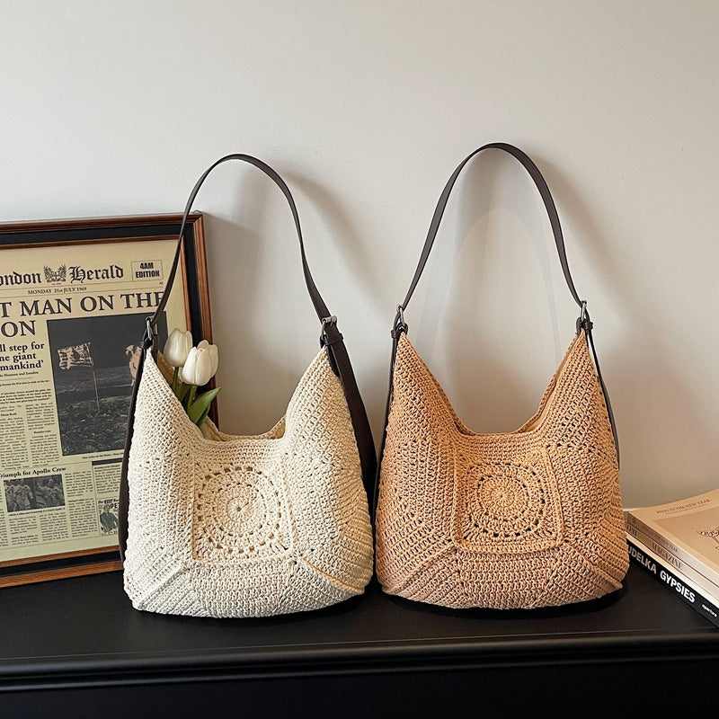 Vacation Large Woven 2026 Spring New Artistic Knit Cotton Shoulder Beach Bag