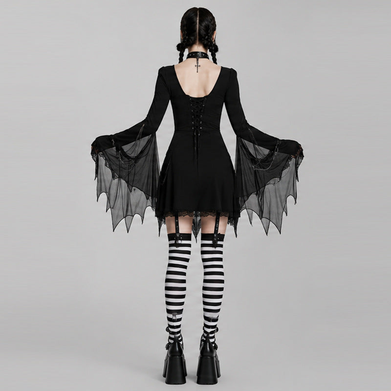 Halloween Gothic Bat Wing Mini Dress with Lace Up Bodice