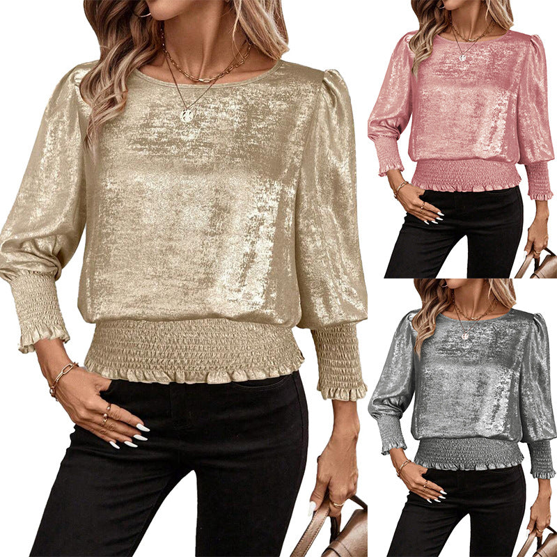 Round Neck Hot Stamping Hem Elastic Mid-Sleeve Top