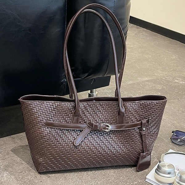Textured Woven East-West Tote Bag with Belt Buckle Detail