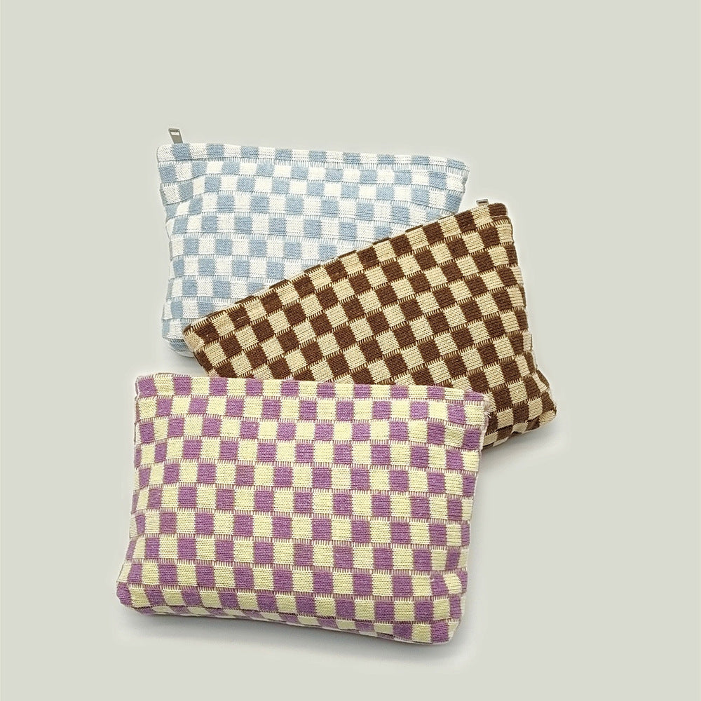 Knitted Checkerboard Cosmetic Bag Large Capacity Plaid Toiletry Bag