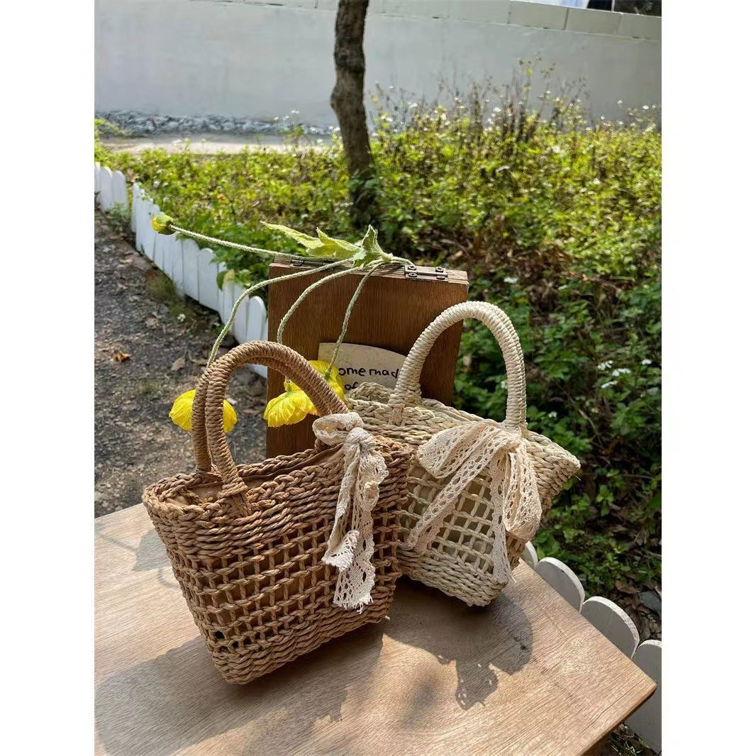 Women Bow Hollow Square Handheld Crossbody Vintage Straw Beach Bag