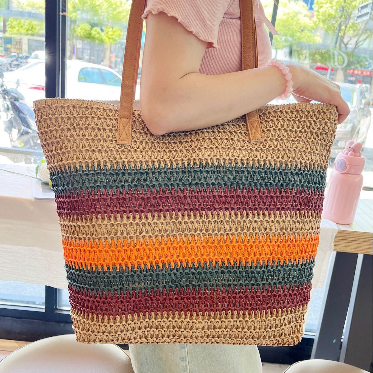 Rainbow Stripe Contrast Color Woven Straw Beach Bag