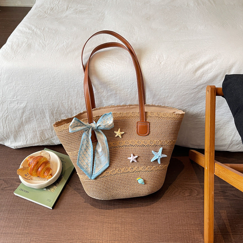 Women New Straw Picnic Woven Beach Handheld Tote Bag