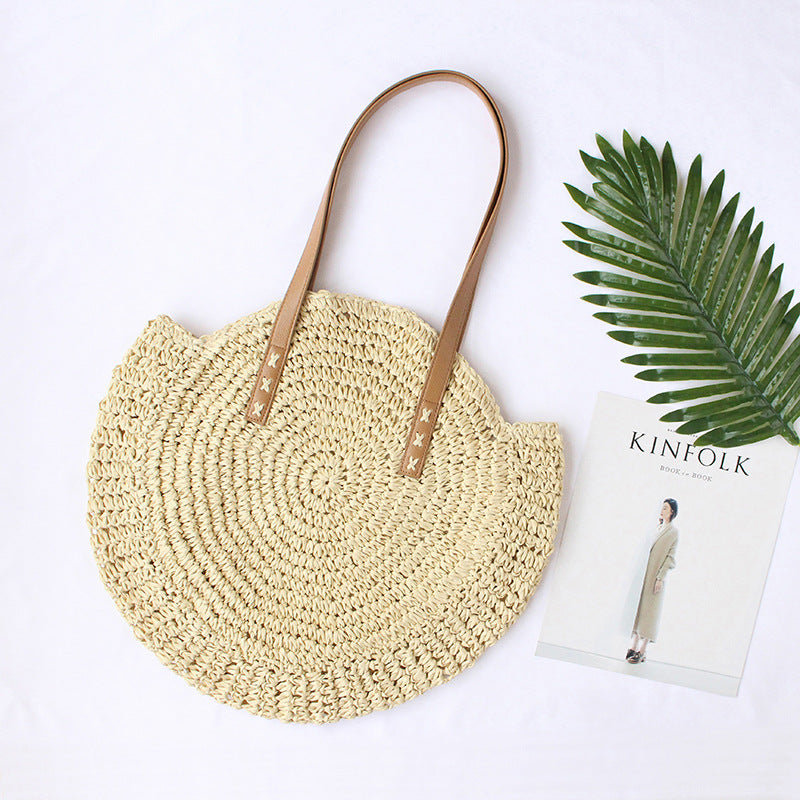 Straw Woven Bag New Shoulder Women'S Bag Beach Woven Bag Fashion Simple Literary Leisure Travel Vacation Round Large Bag