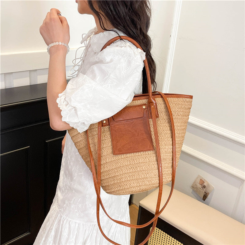 Women Travel Vacation Straw 2026 Summer New Fashion Woven Handheld Large Tote Bag