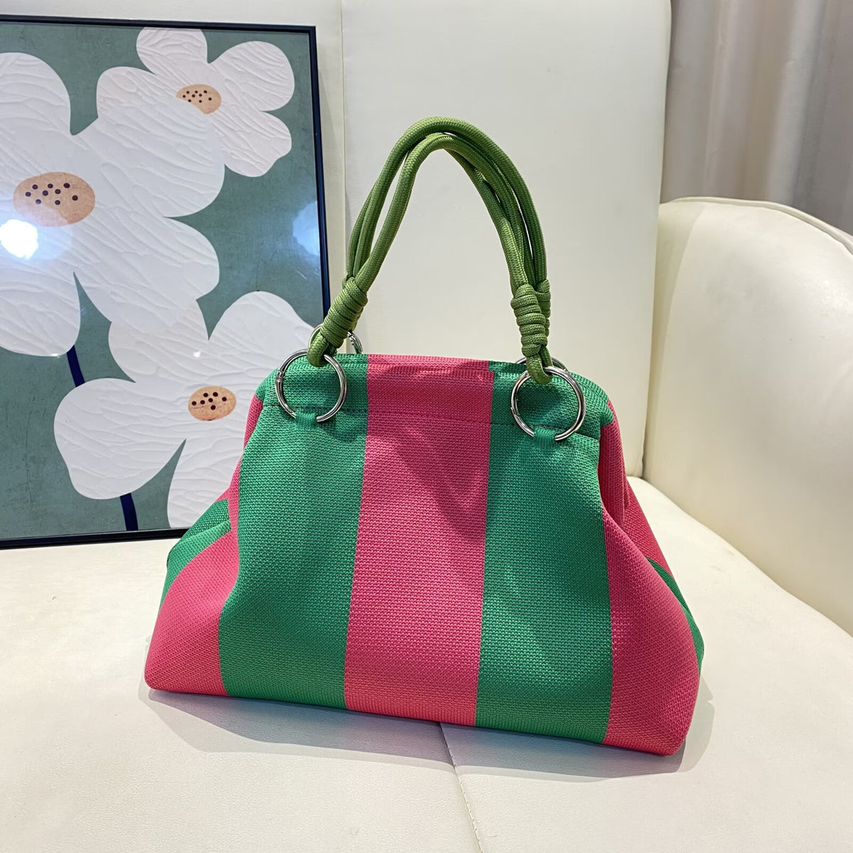 Geometric Woven Rope Handle Dumpling Top Handle Bag