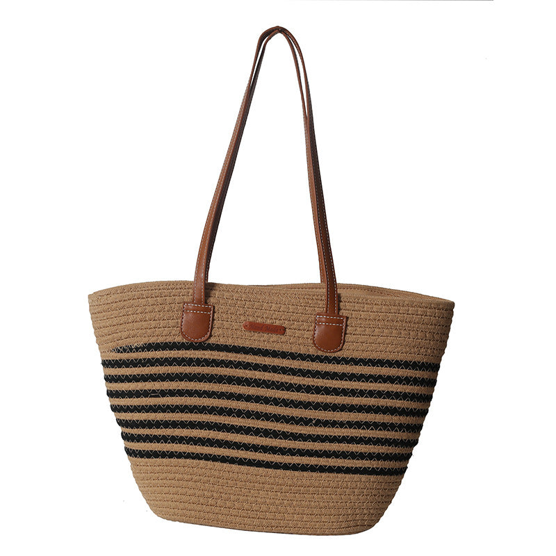 Women Fashion Straw Large Hollow Tote Beach Cotton Handheld Bag