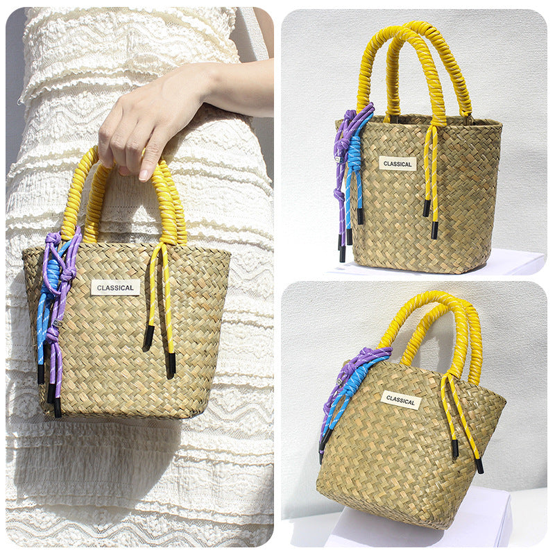 Handmade Colorful Straw Woven Beach Basket Bag