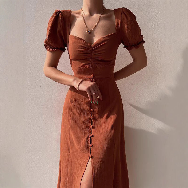 V-Neck Single-Breasted Mid-Length Dress