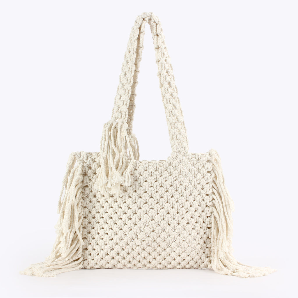 Boho Handwoven Cotton Macramé Tote Bag with Fringe