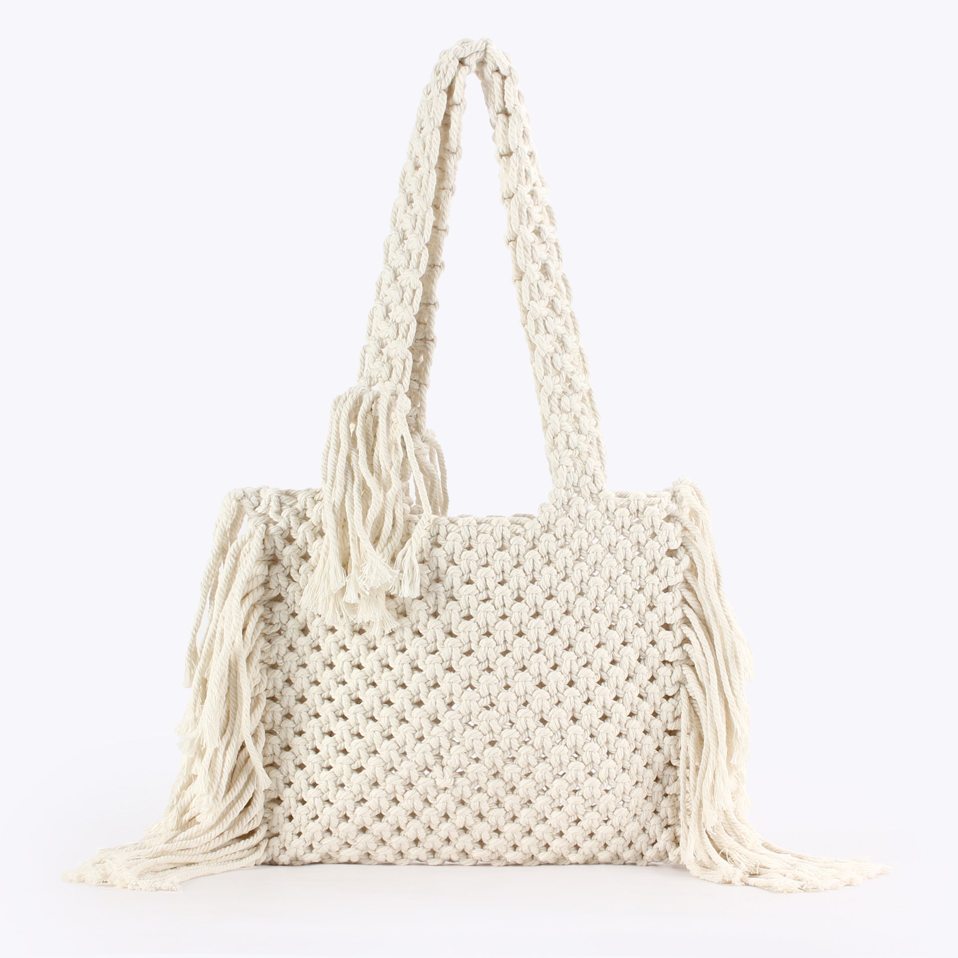 Boho Handwoven Cotton Macramé Tote Bag with Fringe