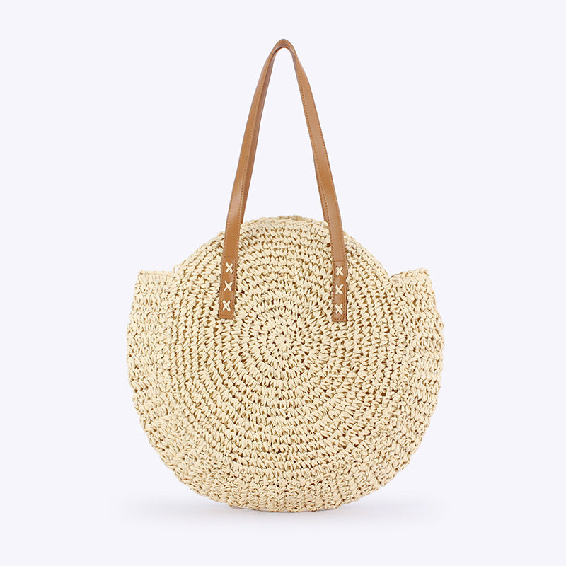 Women Simple Round Paper Rope Woven Shoulder Fashion Seaside Beach Vacation Bag