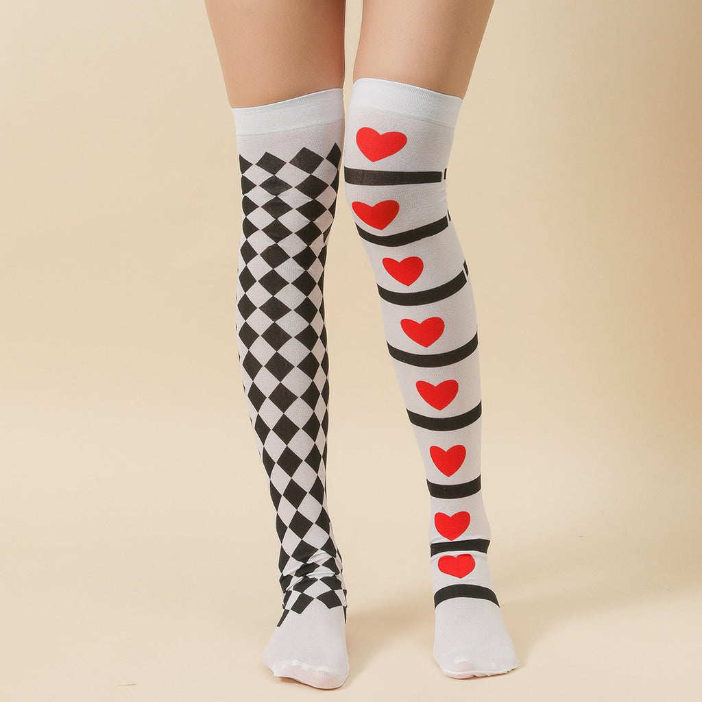 Halloween Thigh-High Socks with Bat and Haunted House Prints