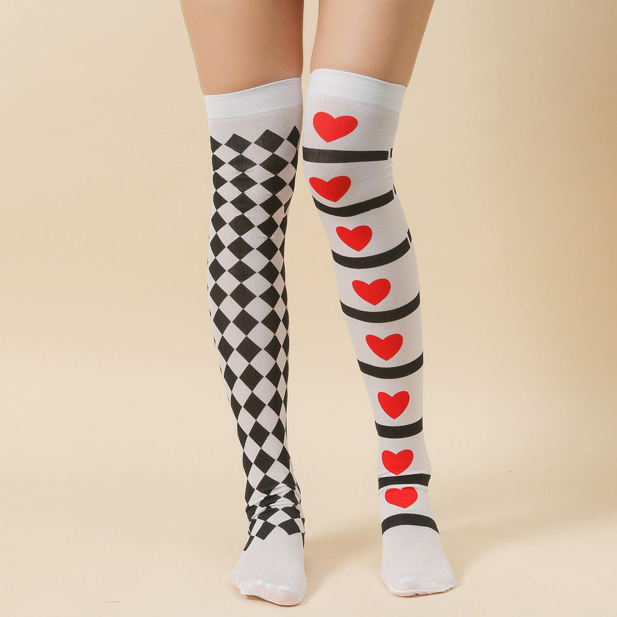 Halloween Thigh-High Socks with Bat and Haunted House Prints