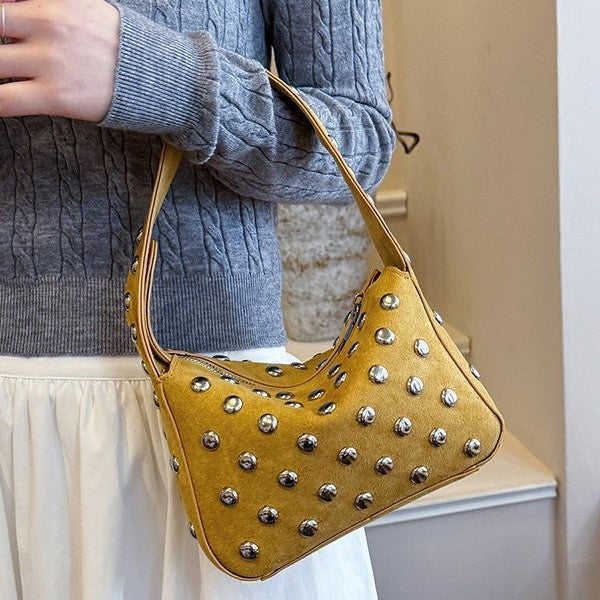 Suede Studded Shoulder Bag with Sleek Zipper Closure
