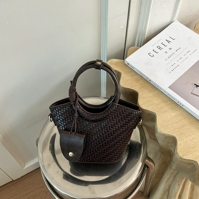 Woven Mini Tote Bag with Round Handles and Crossbody Strap